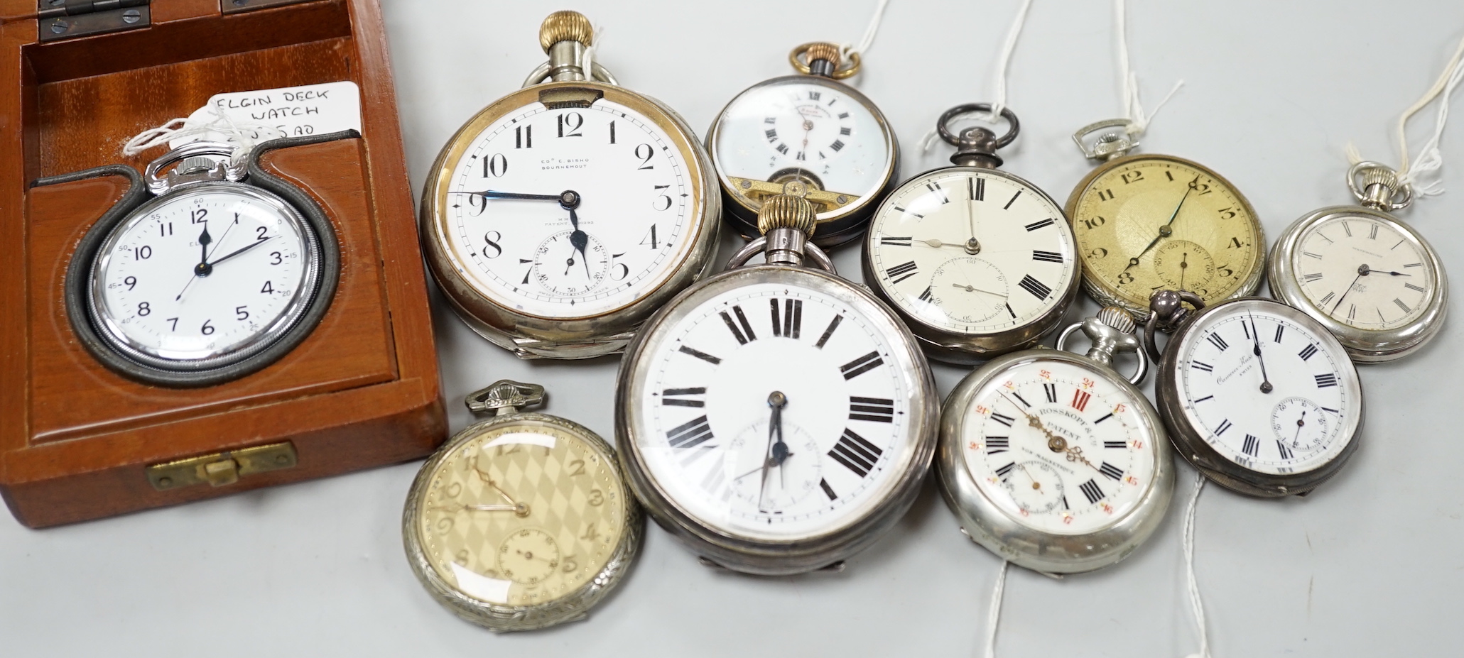 Ten assorted base metal pocket watches including two Goliath one by Bishop of Bournemouth.